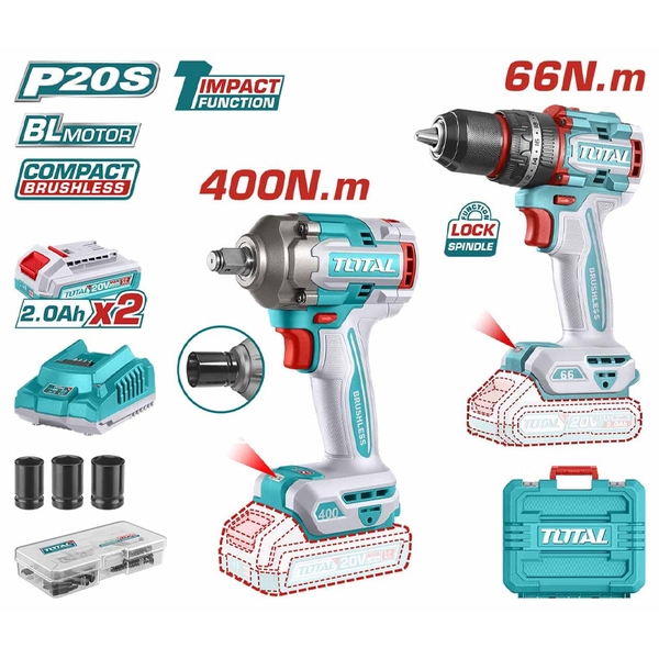 Bộ combo máy khoan búa TIDLI206681 & máy siết buloong TIWLI20401 không chổi than dùng pin 20V TOTAL TCKLI20275