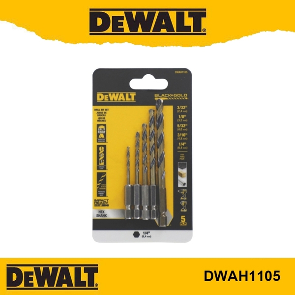 BỘ 5 MŨI KHOAN HSS CHUÔI LỤC GIÁC DEWALT DWAH1105 - KIT 5 PZAS BROCAS HSS BLACKGOLD IMPACT