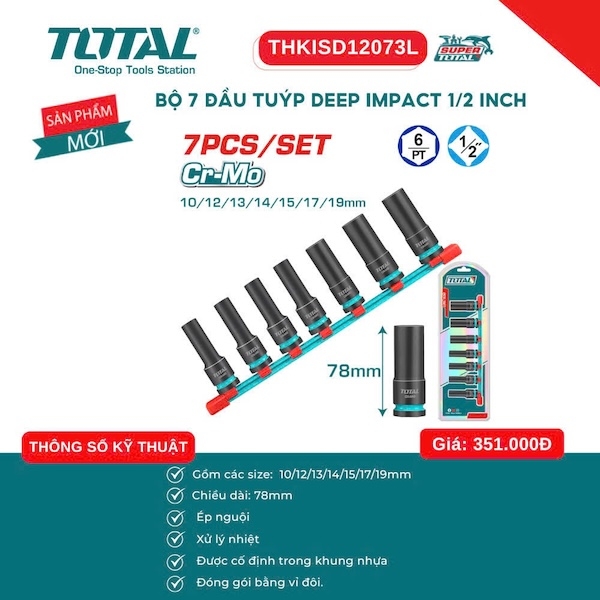 Bộ 7 Đầu Tuýp Deep Impact 1/2 Inch TOTAL Cr-Mo THKISD12073L