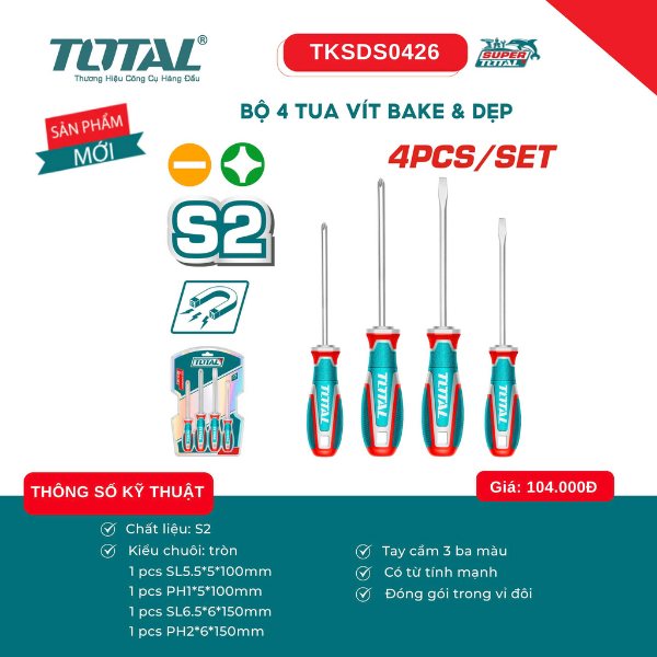 Bộ 4 tua vít dẹp và bake Total TKSDS0426