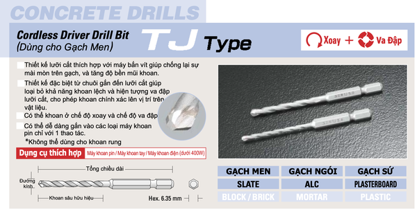 TJ6.4x100 -Mũi khoan Gạch men Chuôi lục giác UNIKA (TJ Type)