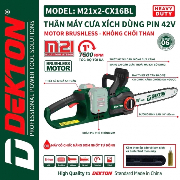 Máy cưa xích dùng 2 pin 21V Dekton M21X2-CX16BL