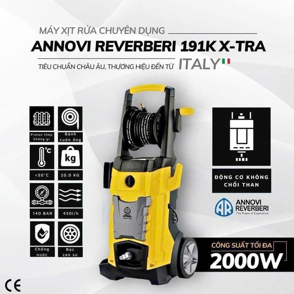 Máy xịt rửa áp lực cao Annovi Reverberi Italy, model 191K X-TRA, motor từ, 140bar-2000W