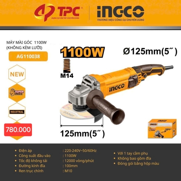 Máy Mài Góc 1100W-125Mm(Không Kèm Lưỡi) AG110038 INGCO