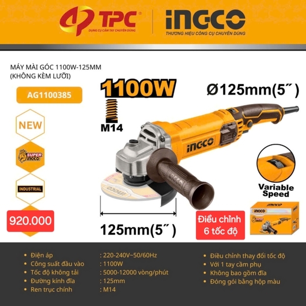 Máy Mài Góc 1100W-125Mm(Không Kèm Lưỡi) AG1100385 INGCO (Có chỉnh tốc)