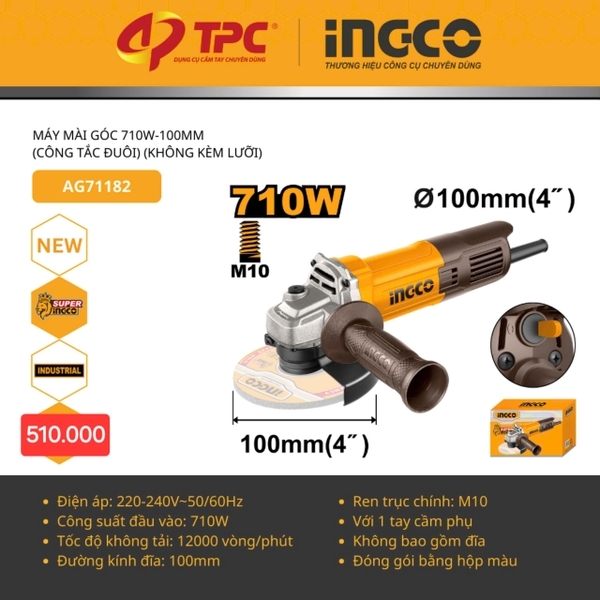 Máy Mài Góc 710W-100Mm(Công Tắc Đuôi) (Không Kèm Lưỡi) AG71182 INGCO