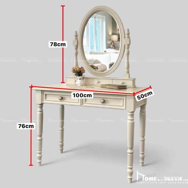 Bàn trang điểm có gương vintage  kem con tiện - BTD1