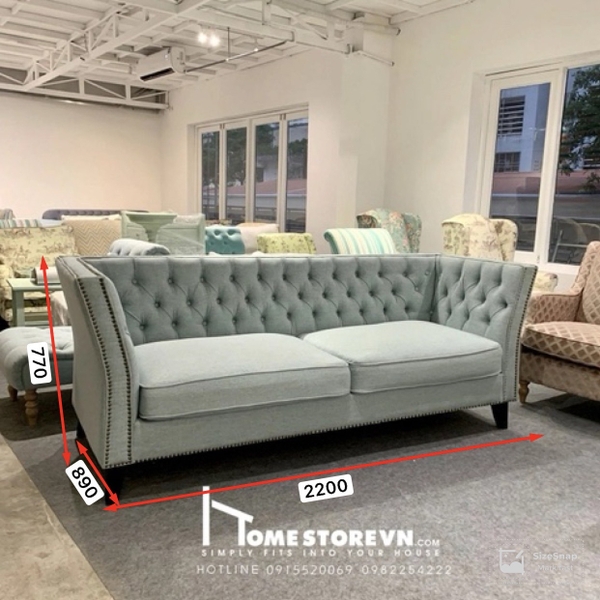 Sofa lưng nút tay vát loe có đinh dài 2m2 - SF15