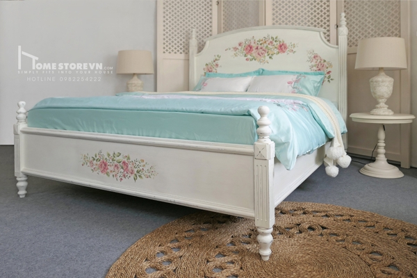 Giường Farmhouse có hoa trang trí đệm 1m6 - GI1