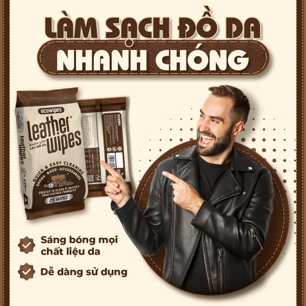 Khăn giấy ướt vệ sinh dưỡng bóng đồ da Leather Wipes ECOWIPES gói 25 tờ (giày  da, túi ví, áo da)