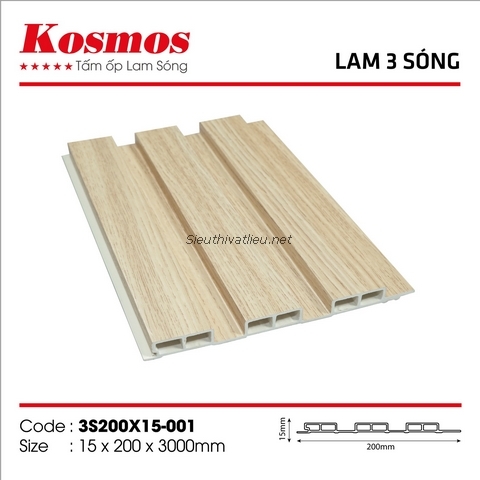 Lam nhựa 3 sóng Kosmos 3S200x15-001 vân gỗ màu vàng