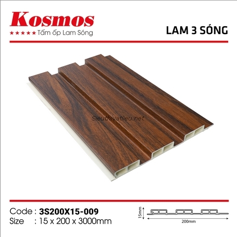 Lam nhựa 3 sóng Kosmos 3S200x15-009 vân gỗ màu nâu