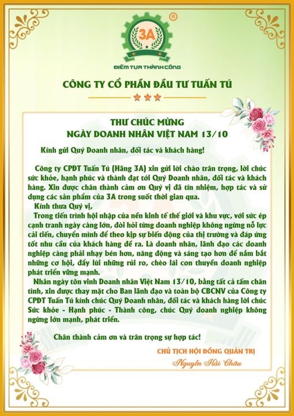 THƯ CHÚC MỪNG NGÀY DOANH NHÂN VIỆT NAM 13/10