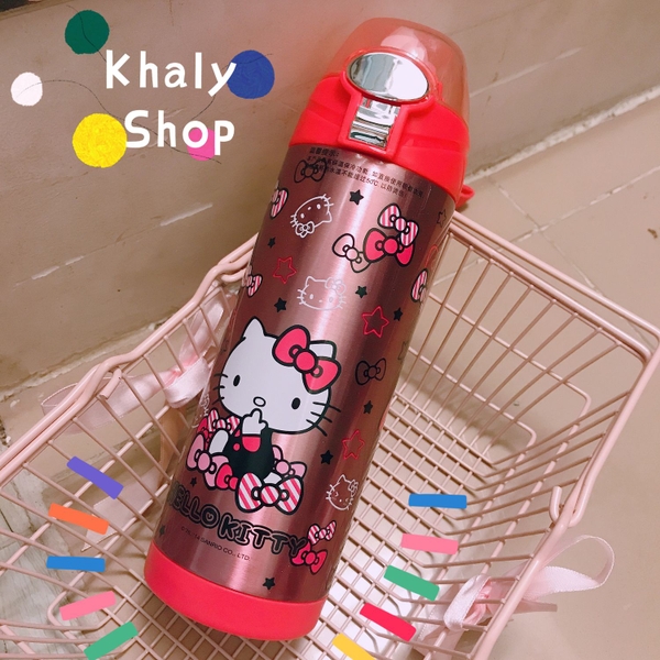 Bình nước giữ nhiệt hình Hello Kitty ngôi sao nắp trong suốt màu hồng đậm cho trẻ em, bé gái - (400ml) - KT3663HD