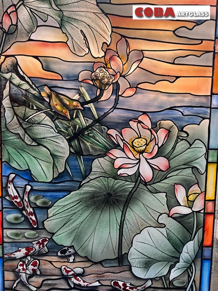 Vách thông phòng điêu khắc hoa sen Coba Artglass