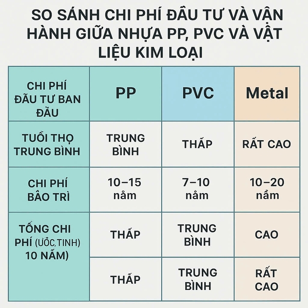 So sánh chi phí đầu tư và vận hành giữa nhựa PP, PVC và vật liệu kim loại (inox, thép mạ kẽm)