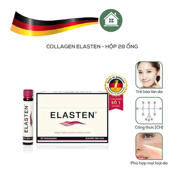 Nước Collagen Giúp Trẻ Hóa, Căng Bóng, Sáng Mịn, Mờ Nếp Nhăn Elasten Đức (Hộp 28 ống x 25ml)