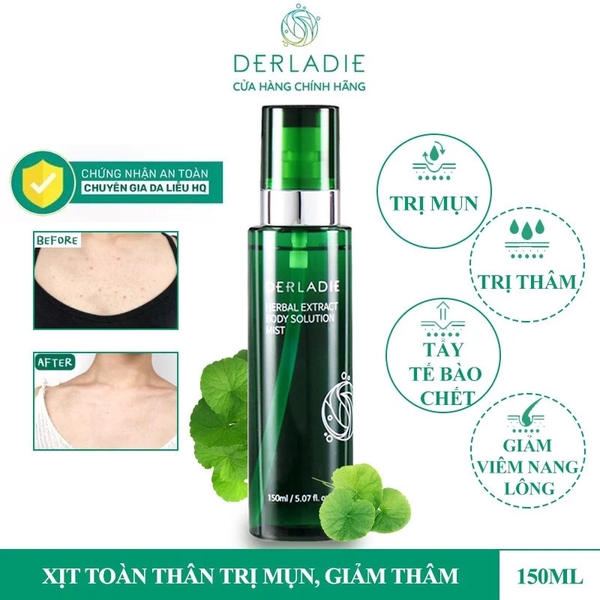Xịt Mụn Lưng, Mờ Thâm, Giảm Viêm Nang Lông Derladie Herbal Extract Body Solution Mist 150ml