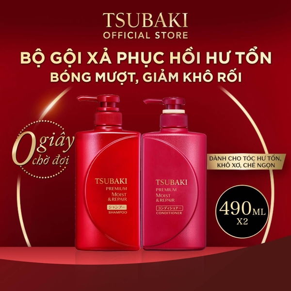 Bộ Gội Xả Bóng Mượt, Giảm Khô Xơ Rối Tsubaki Premium Moist 490ml