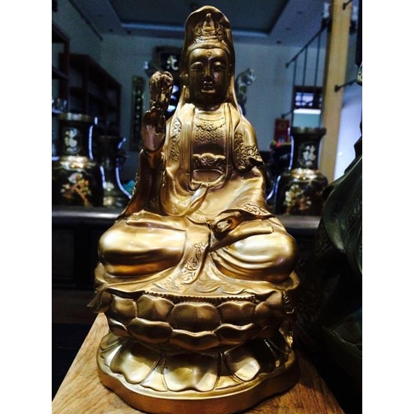 Tượng Phật Bà Quan Âm bằng đồng đỏ để mộc cao 23cm