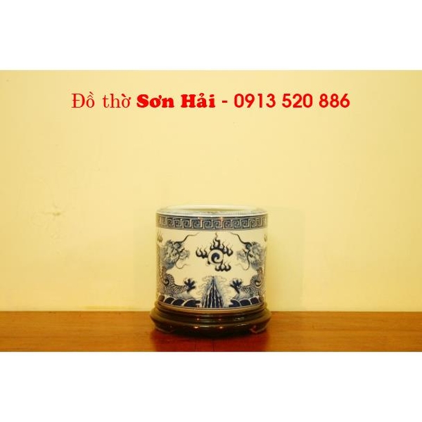Bát hương giả cổ Bát Tràng, men lam cao cấp, miệng phẳng, rộng 22cm