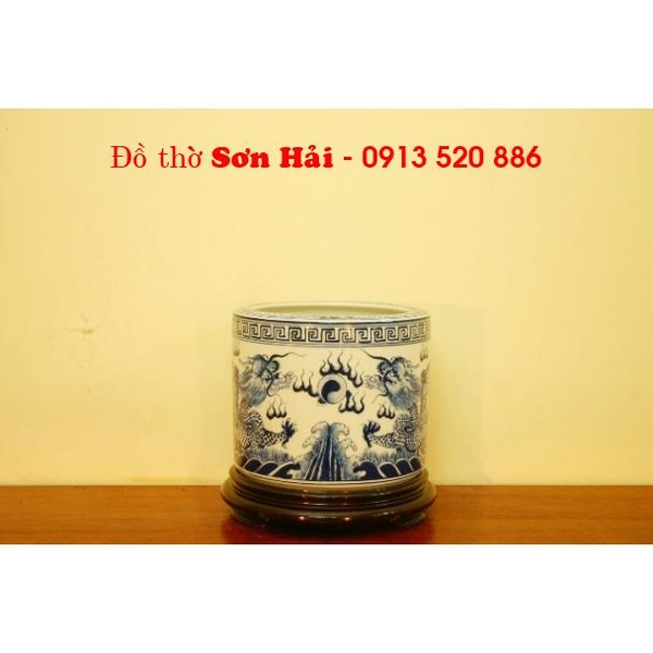 Bát hương sứ Bát Tràng, men lam giả cổ cao cấp, miệng phẳng, rộng 25cm