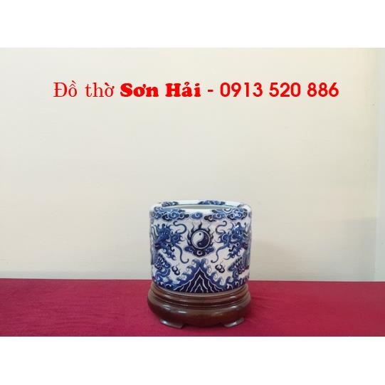 Bát hương Bát Tràng cao cấp, sứ men lam giả cổ, rồng nổi đẹp, rộng 16cm