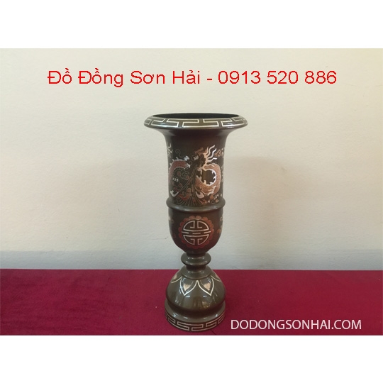 Ống đựng hương (nhang) đúc bằng đồng đỏ khảm tam khí cao cấp Việt Nam, cao 33cm