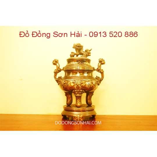 Đỉnh đồng đúc bằng đồng đỏ khảm tam khí Việt Nam cao 70cm