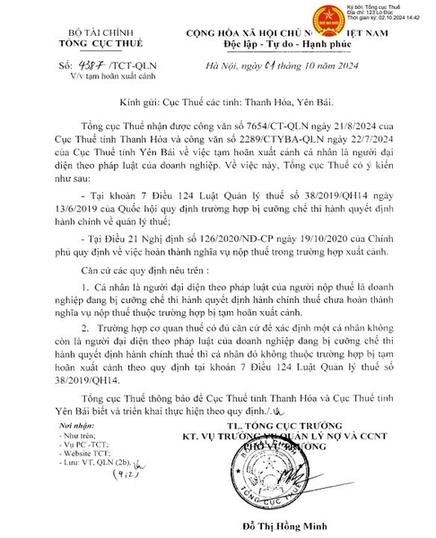 Tạm hoãn xuất cảnh cá nhân là người đại diện theo pháp luật của doanh nghiệp đang bị cưỡng chế về thuế