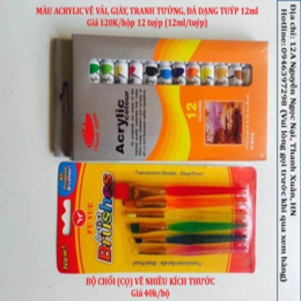 Màu acrylic 12 tuýp + chổi vẽ Màu Acrylic 12 Tuýp + Chổi Vẽ