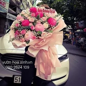 Bó hoa cúc mẫu đơn hồng nhập khẩu đẹp - HB1135