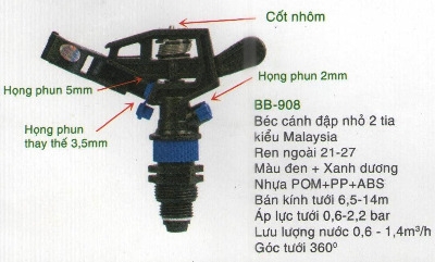 Béc tưới BB 908 cánh đập 2 tia RN21/27