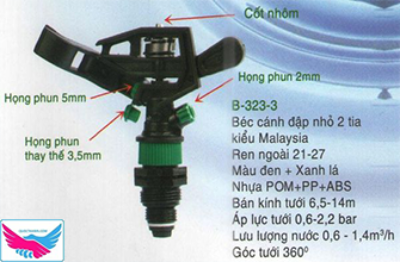 Béc tưới BB 323-3 cánh đập 2 tia RN21/27