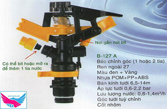 Béc tưới chỉnh góc BB127 A 2 tia RN27