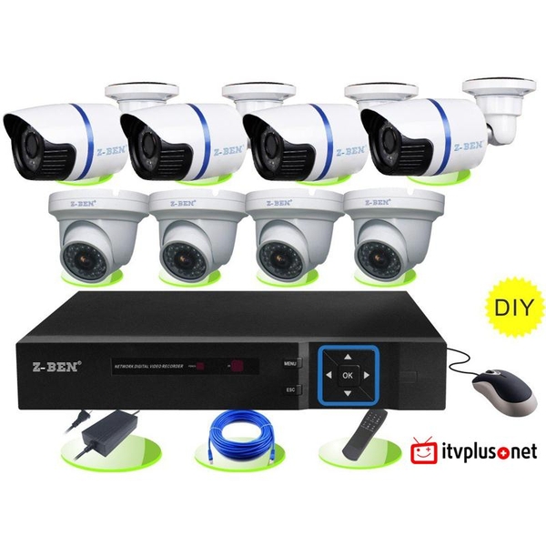 Bộ Camera Giám sát POE 8 Camera trong nhà và ngoài trời 1.0Mpx 720P và đầu ghi NVR POE