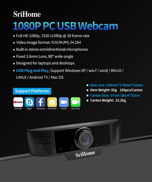 Webcam SriHome Full HD 1080P