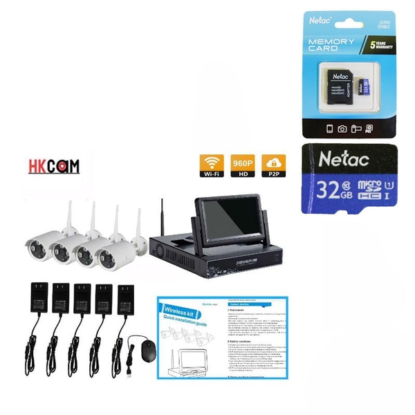 HKCAM ND99043 -  Màn hình LCD 7 inch, Bộ đầu ghi KIT + 4 camera wifi 960P, 100% không dây