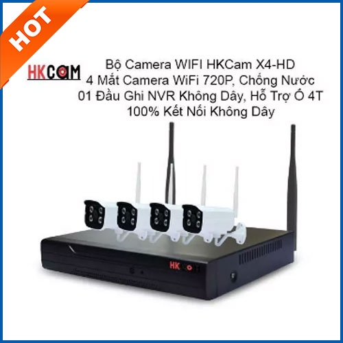 HKcam X4-HD - Bộ Đầu Ghi NVR + 4 Camera WIFI 720P, 100% Không Dây