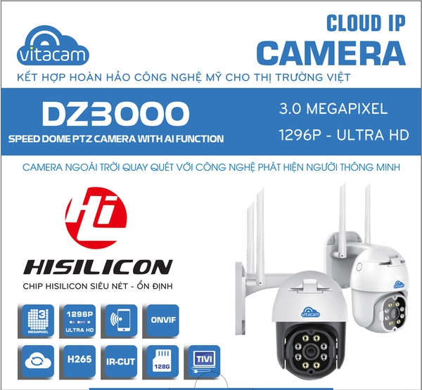 Camera ngoài trời VITACAM DZ3000 PTZ xoay 355 độ, 3.0 Mpx 1296P ULTRA HD hình ảnh siêu nét