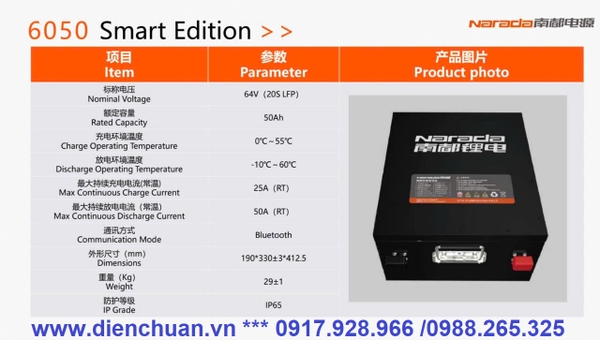 Pin Lithium Narada 60V-50Ah Model: 6050 dùng cho xe điện