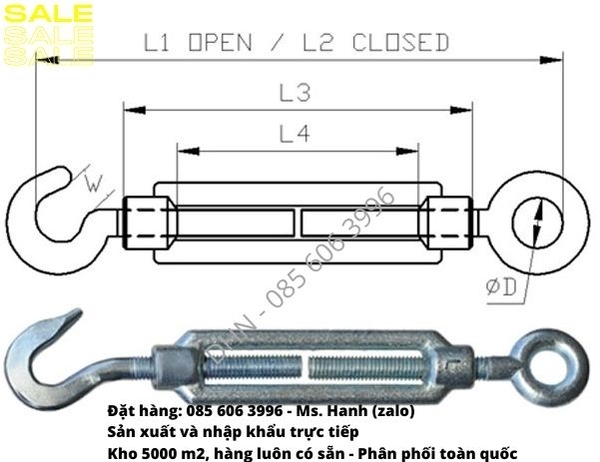 Kích thước tăng đơ cáp