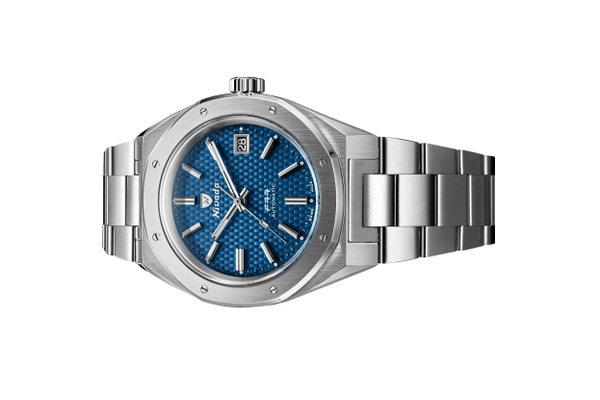 Đồng hồ đeo tay thương hiệu Nivada Grenchen, dòng sản phẩm F77, Ref number: 69041A77B, mặt số xanh họa tiết, size 41mm, máy tự động, vỏ và dây đồng hồ bằng thép 316L, mới 100%