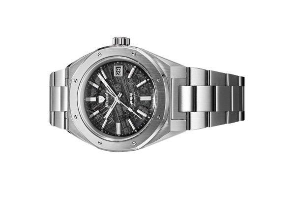 Đồng hồ đeo tay thương hiệu Nivada Grenchen, dòng sản phẩm F77, Ref number: 69041A77C, mặt số thiên thạch, size 41mm, máy tự động, vỏ và dây đồng hồ bằng thép 316L, mới 100%