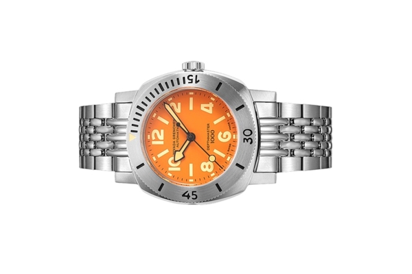 Đồng hồ đeo tay thương hiệu Nivada Grenchen, dòng sản phẩm Depthmaster, Ref number: 14127A, mặt số màu cam, size 39mm, máy tự động, vỏ và dây đồng hồ bằng thép không gỉ 316, mới 100%