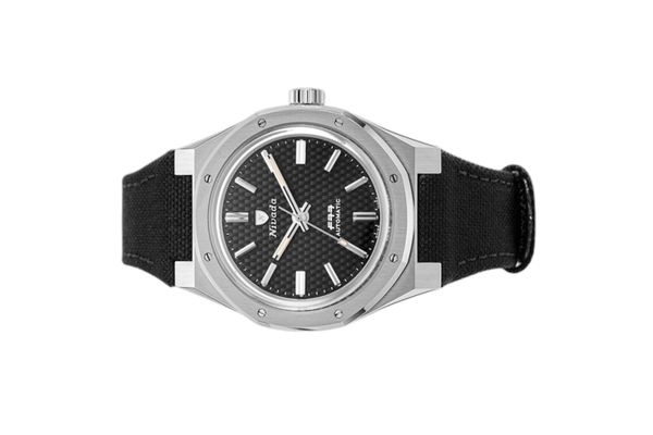 Đồng hồ đeo tay thương hiệu Nivada Grenchen, dòng sản phẩm F77, Ref number: 68000A, mặt số đen, size 37mm, máy tự động, vỏ đồng hồ bằng thép không gỉ và dây vải Velcro, mới 100%