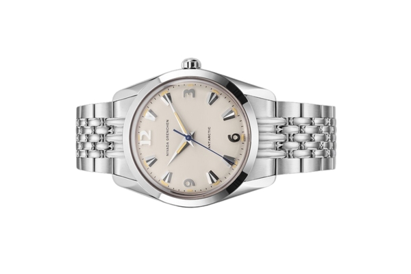 Đồng hồ đeo tay thương hiệu Nivada Grenchen, dòng sản phẩm Antarctic, Ref number: 35001M, mặt số màu trắng size 35mm, máy lên cót tay, vỏ và dây đồng hồ bằng thép không gỉ 316, mới 100%