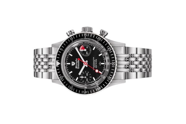 Đồng hồ đeo tay thương hiệu Nivada Grenchen, dòng sản phẩm Chronomaster White Lollipop, Ref no: 86011WM, mặt số màu đen, size 38mm, lên dây cót bằng tay, vỏ và dây đồng hồ bằng thép không gỉ, mới 100%