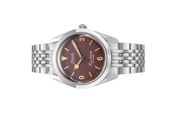 Đồng hồ đeo tay thương hiệu Nivada Grenchen, dòng sản phẩm Super Antarctic 3.6.9, Ref num 32041A, mặt số nâu Matt, size 38mm, máy tự động, vỏ và dây đồng hồ bằng thép không gỉ 316L, mới 100%