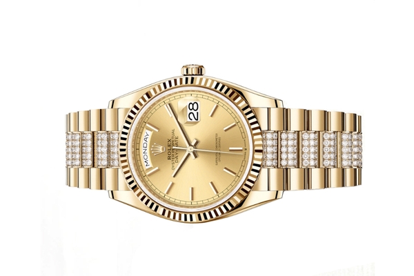 Đồng Hồ Rolex Day-Date 36 128238 Mặt Số Vàng Champagne Dây Đeo President Nạm Kim Cương